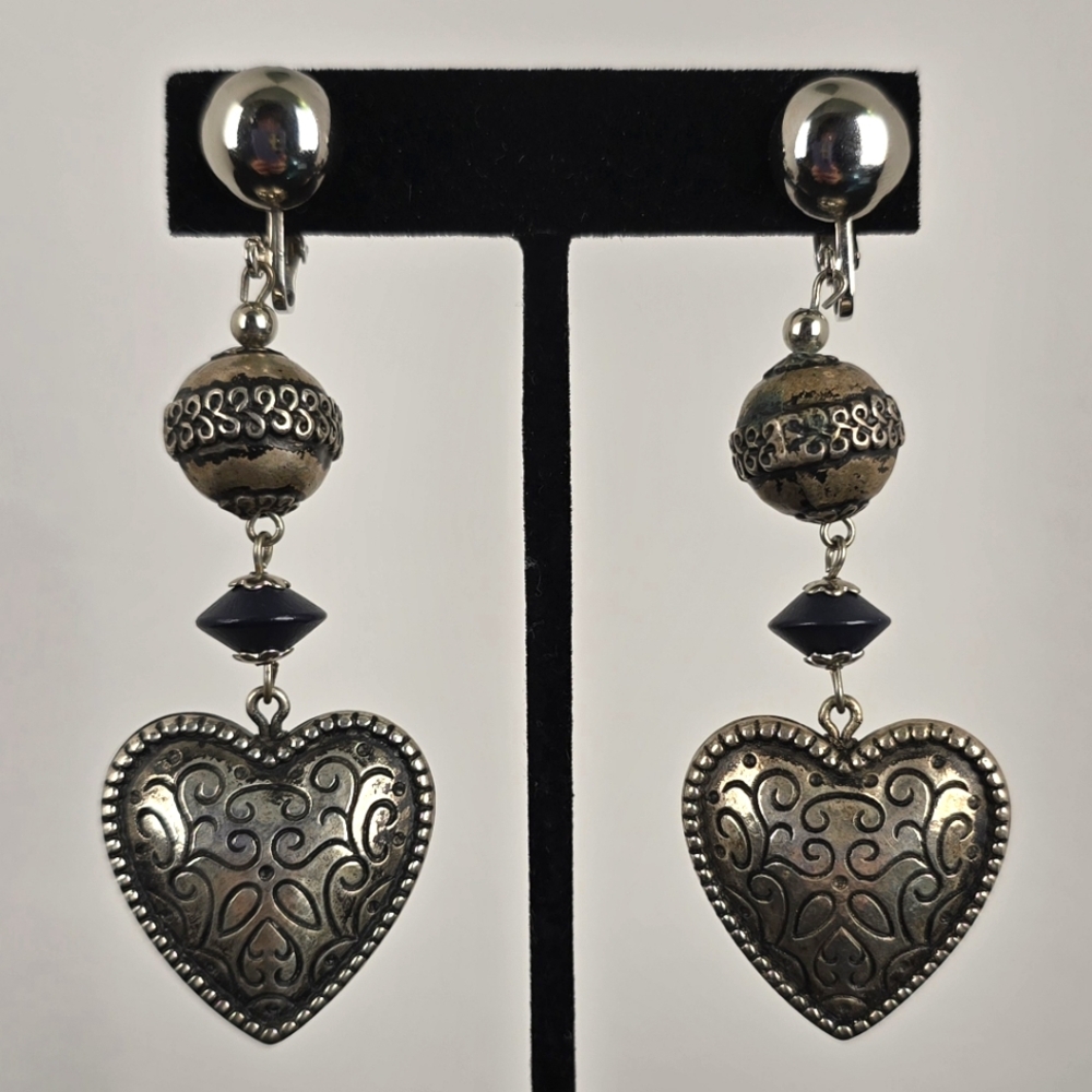 Vintage-Style Silver Heart Dangle Clip-On Earrings